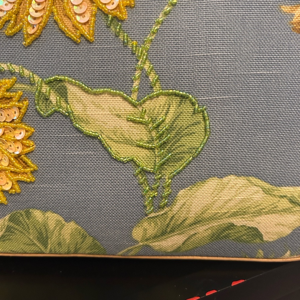 Embroidered Sunflower Top-Handle Bamboo Bag in Sage Green and Mustard - Picture 3 of 5